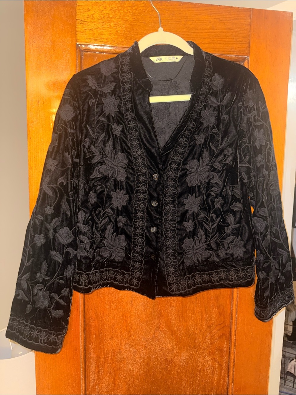 Zara Black Floral Embroidered Velvet Blazer